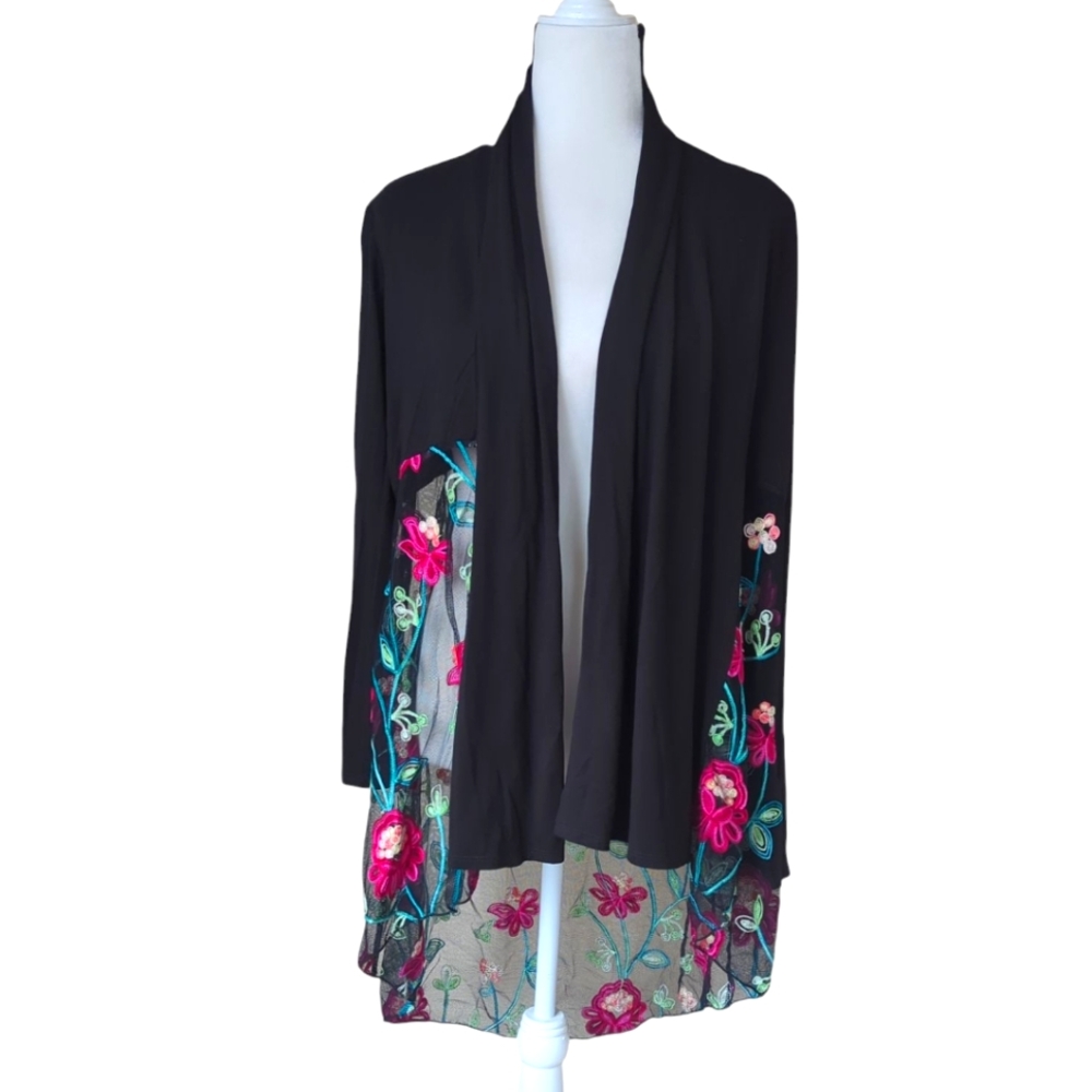 Kim & Cami Floral Sheer Embroidered Open Front Cardigan MEDIUM Black Pink